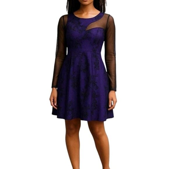 BCBGMaxAzria Mini Dress Size 12 Mesh Long Sleeves Cut Outs Persian Blue Black - Picture 1 of 12